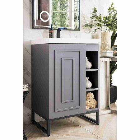 James Martin Vanities Alicante 24in Single Vanity, Gray Smoke, Matte Black w/ White Glossy Composite Stone Top E110V24GSMMBKWG